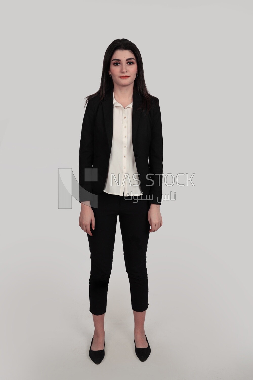 Photo of a businesswoman with formal wear standing on a white background, business development and partnerships, business meeting, Model