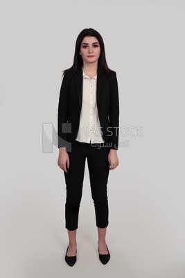 Photo of a businesswoman with formal wear standing on a white background, business development and partnerships, business meeting, Model