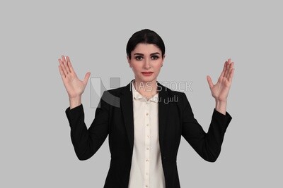 Photo of a businesswoman in formal wear standing with a hand gesture, business development and partnerships, business meeting, Model