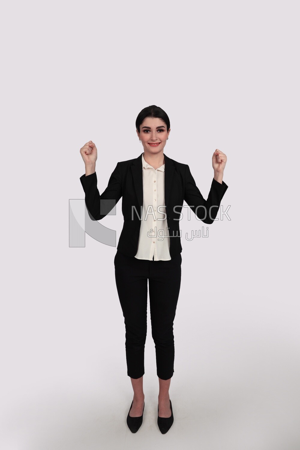 Photo of a businesswoman in formal wear standing with a hand gesture, business development and partnerships, business meeting, Model