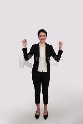 Photo of a businesswoman in formal wear standing with a hand gesture, business development and partnerships, business meeting, Model