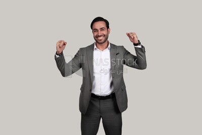 Photo of a businessman with a formal suit with hand gesture, business development and partnerships, business meeting, Model