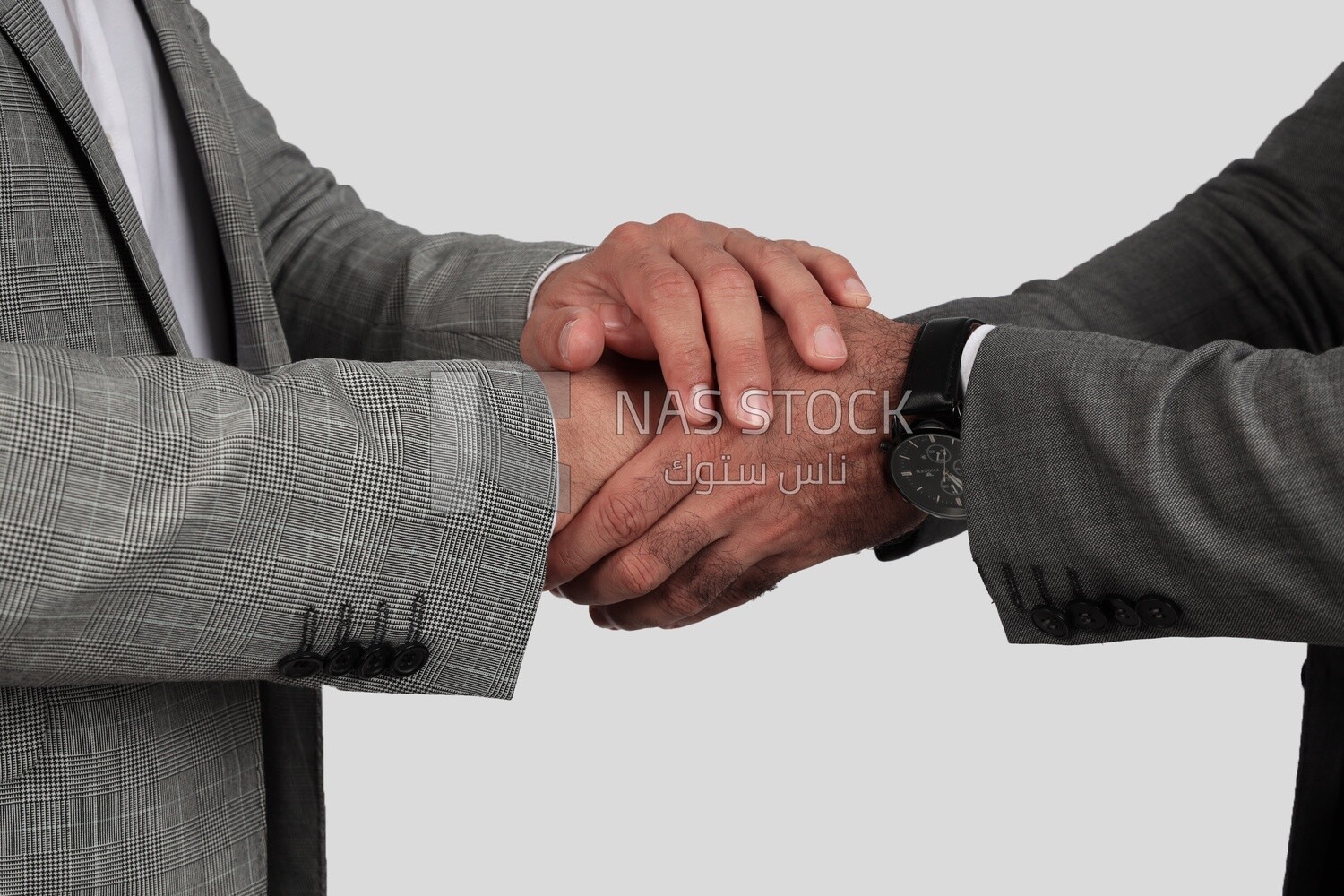 Photo of two businessmen shaking hands, business development and partnerships, business meeting, Model