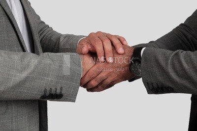 Photo of two businessmen shaking hands, business development and partnerships, business meeting, Model