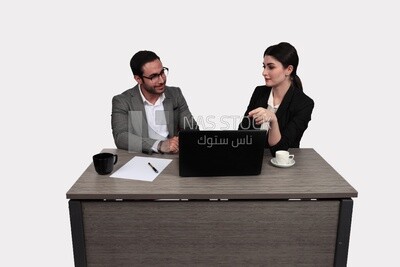 Photo of a businessman and a businesswoman sitting in the office discussing the work, business development and partnerships, business meeting, Model