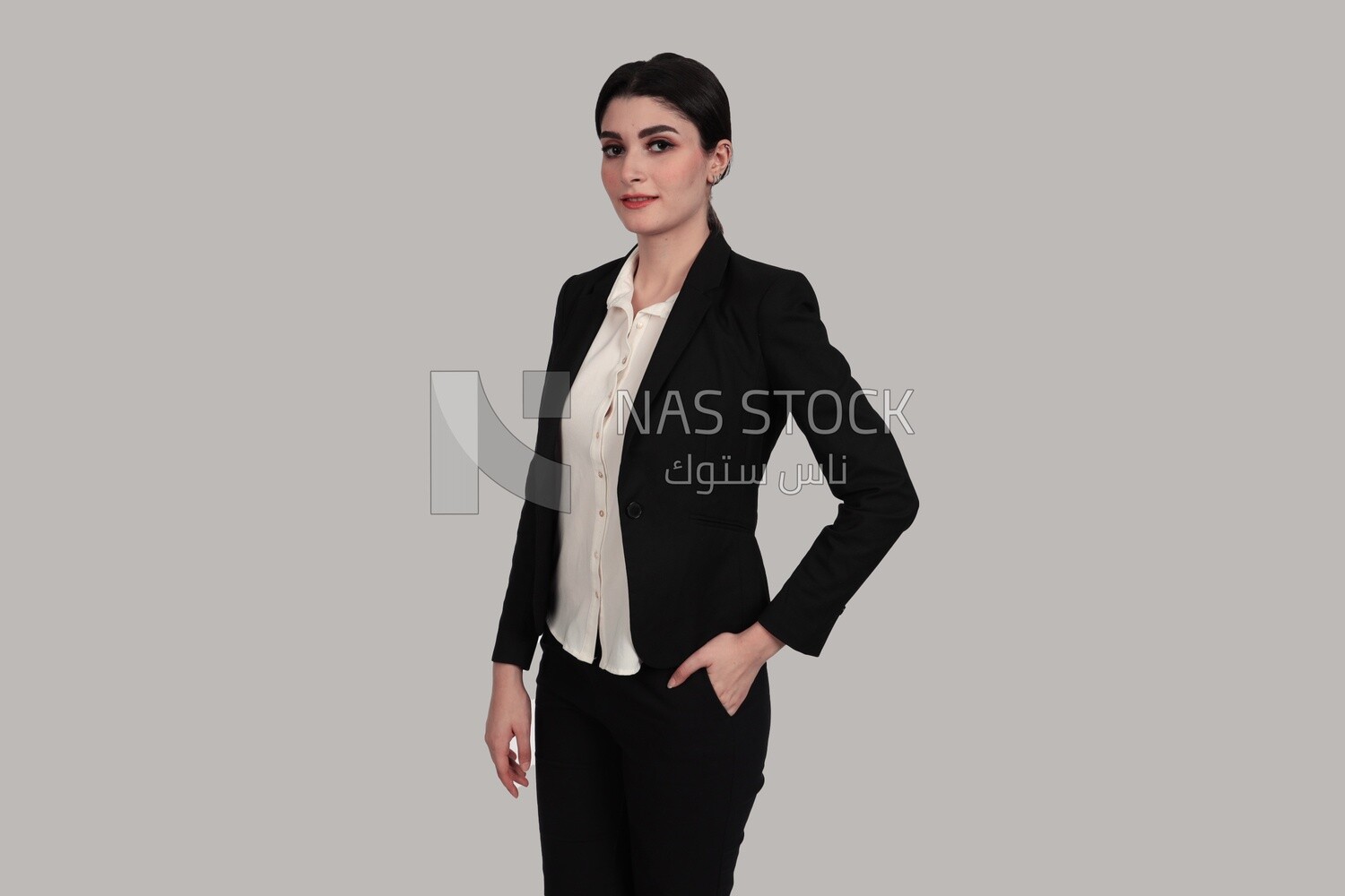 Photo of a businesswoman with formal wear standing on a white background, business development and partnerships, business meeting, Model