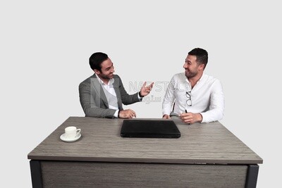 Photo of two men sitting in the office, discussing the work, business development and partnerships, business meeting, Model