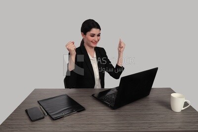 صورة سيدة أعمال ترتدي بدلة رسمية تجلس على مكتب وتعمل على كمبيوتر محمول ، وتطوير الأعمال والشراكات ، واجتماع عمل ، موديل