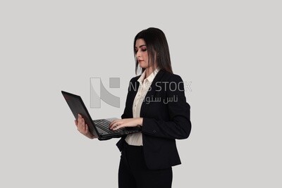 Photo of a businesswoman with a formal suit holding a laptop, business development and partnerships, business meeting, Model
