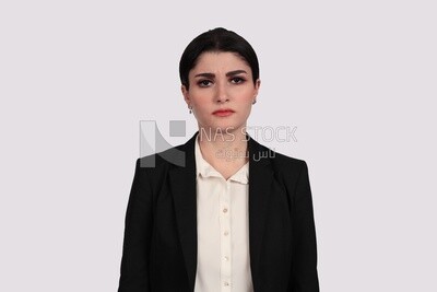 Photo of a businesswoman with formal wear standing on a white background, business development and partnerships, business meeting, Model