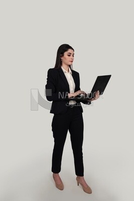 Photo of a businesswoman with a formal suit holding a laptop, business development and partnerships, business meeting, Model