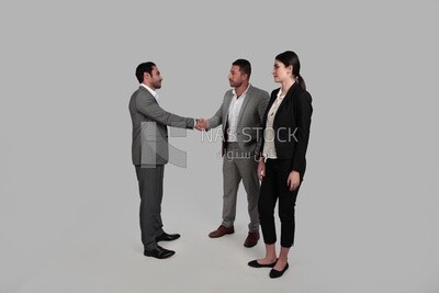 Photo of a businesswoman and two businessmen standing together, business development and partnerships, business meeting, Model