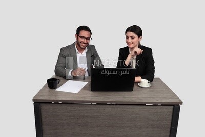 Photo of a businessman and a businesswoman sitting in the office discussing the work, business development and partnerships, business meeting, Model