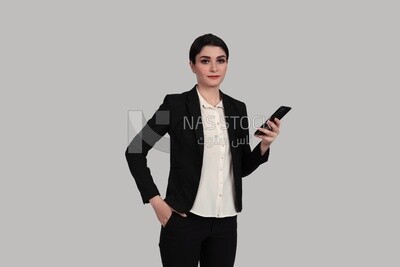 Photo of a businesswoman in formal wear standing and checking her mobile, business development and partnerships, business meeting, Model