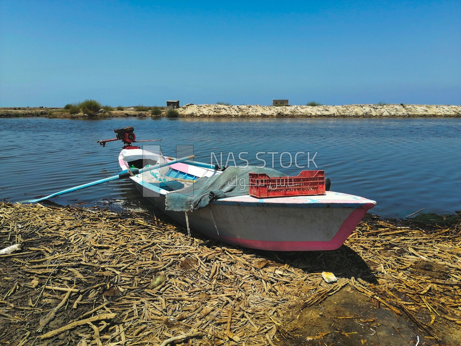 Old rowing boat moored on a river, farm trees, and green plants, farm fields, trees and crops, farmland, a scenic landscape