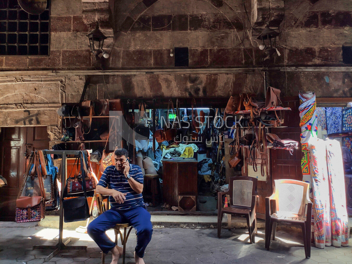 Workshop selling leather products such as belts, bags and leather shoes,in Cairo, Egypt