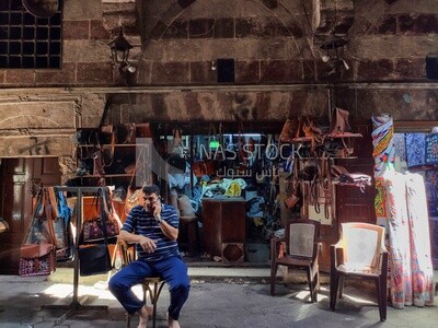 Workshop selling leather products such as belts, bags and leather shoes,in Cairo, Egypt