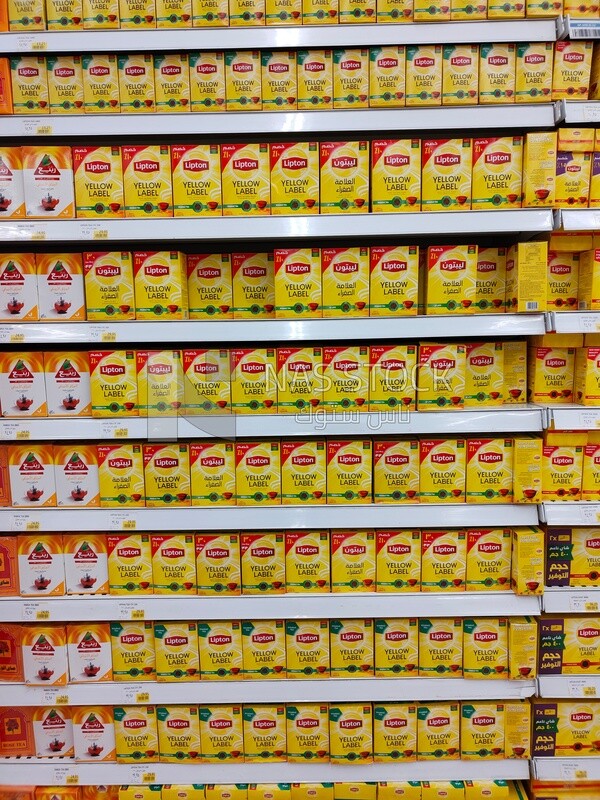 Shelves stacked with types of tea