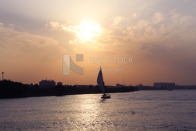 Boat sailing in the river at sunset, landscapes, nature background, boat