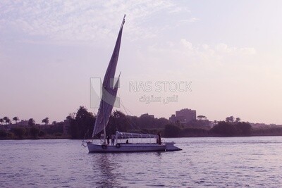 Boat sailing in the river at sunset, landscapes, nature background, boat
