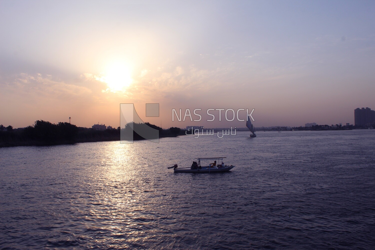 Boat sailing in the river at sunset, landscapes, nature background, boat