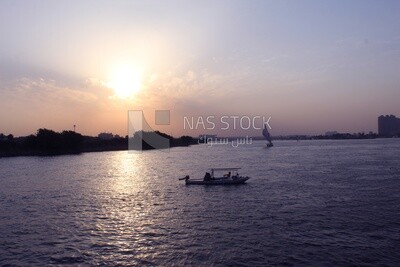 Boat sailing in the river at sunset, landscapes, nature background, boat