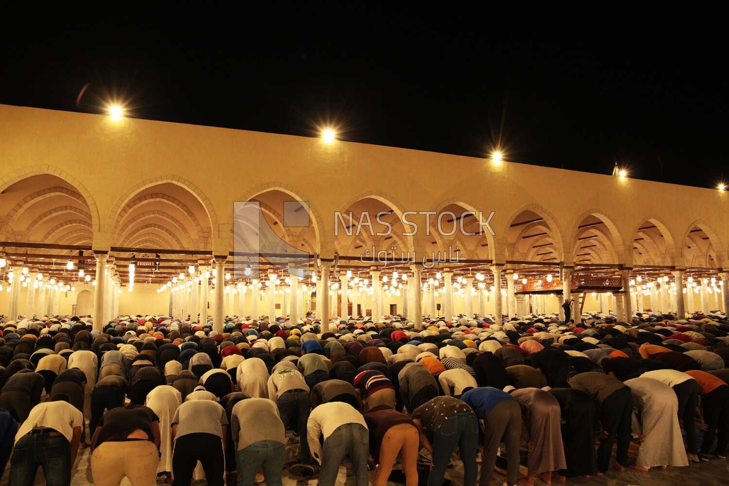 View from the back of the worshipers in the mosque, performing the obligatory prayer inside the mosque, reverence in prayer, performing the obligatory prayer in the mosque, worship and getting closer