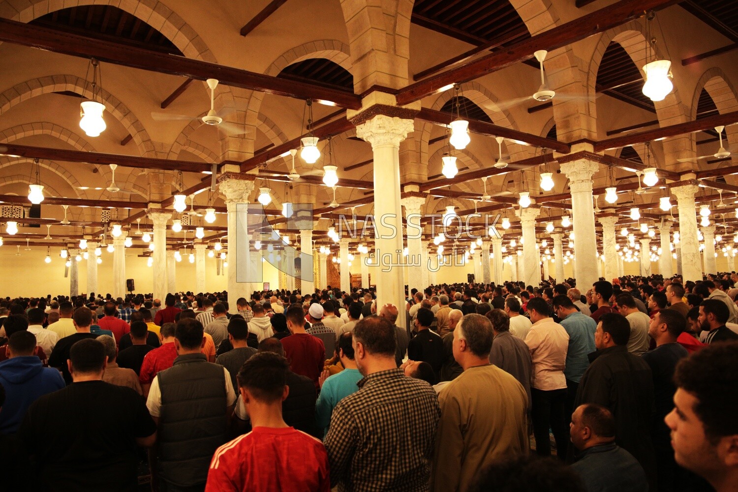 View from the back of the worshipers in the mosque, performing the obligatory prayer inside the mosque, reverence in prayer, performing the obligatory prayer in the mosque, worship and getting closer