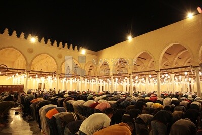 View from the back of the worshipers in the mosque, performing the obligatory prayer inside the mosque, reverence in prayer, performing the obligatory prayer in the mosque, worship and getting closer
