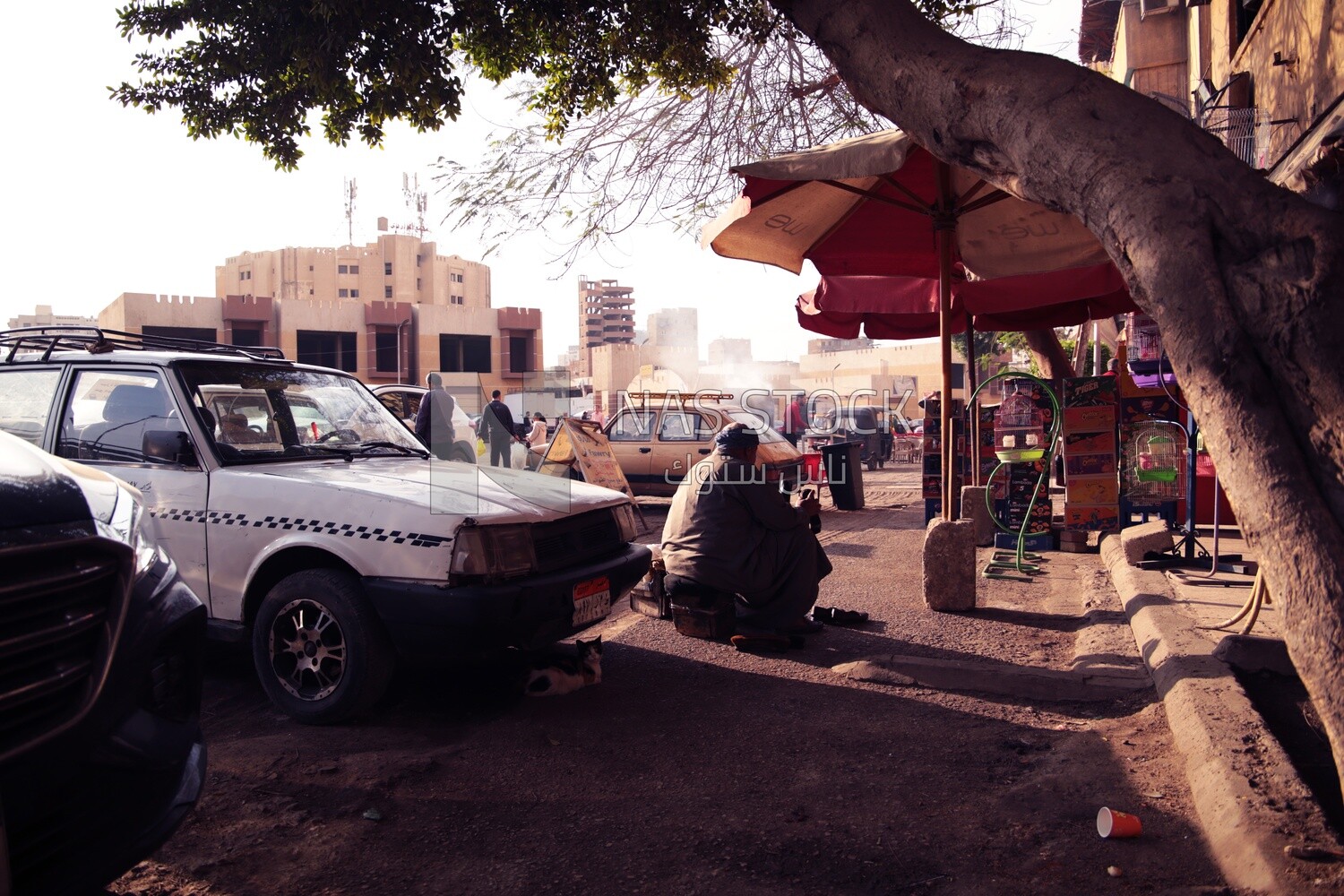 Man sitting on the street cleaning shoes polishing shoes