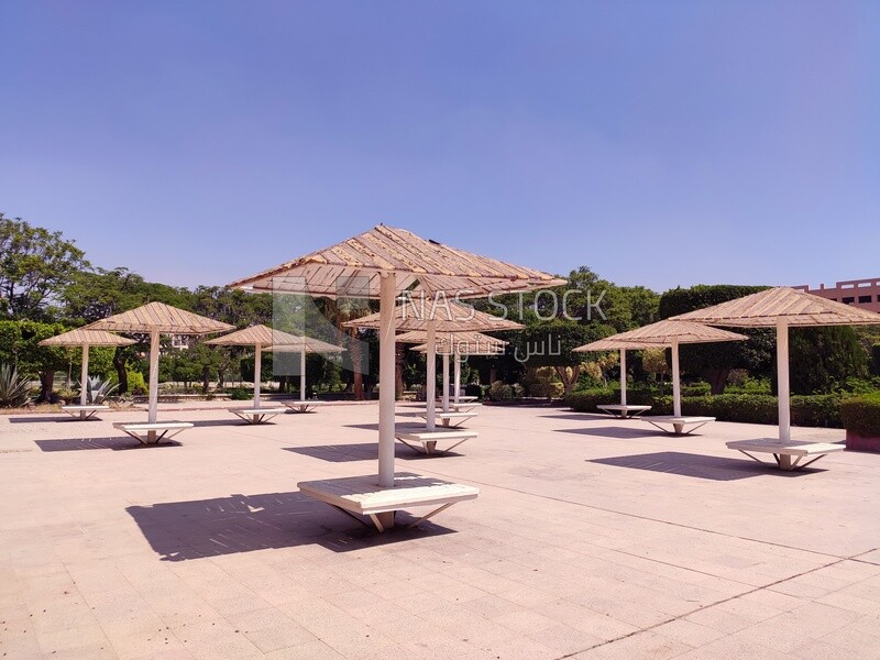 Large garden with benches and umbrellas to protect from the sun