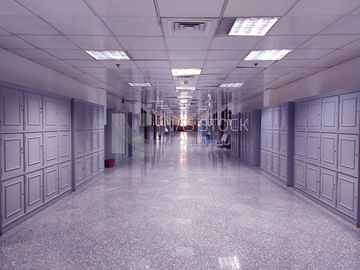 Marble corridor with Lockers lining the wall.