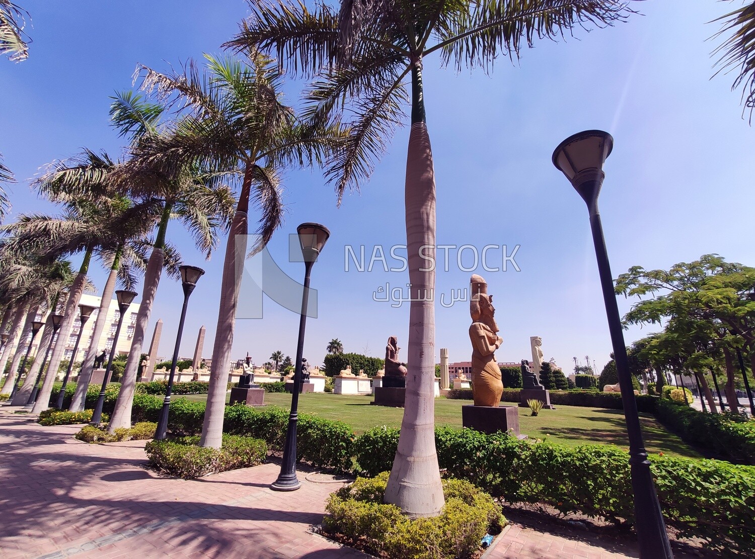 Garden contains many statues and obelisks, garden inside October 6 University with many statues