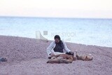 Girl playing with dogs on the seashore