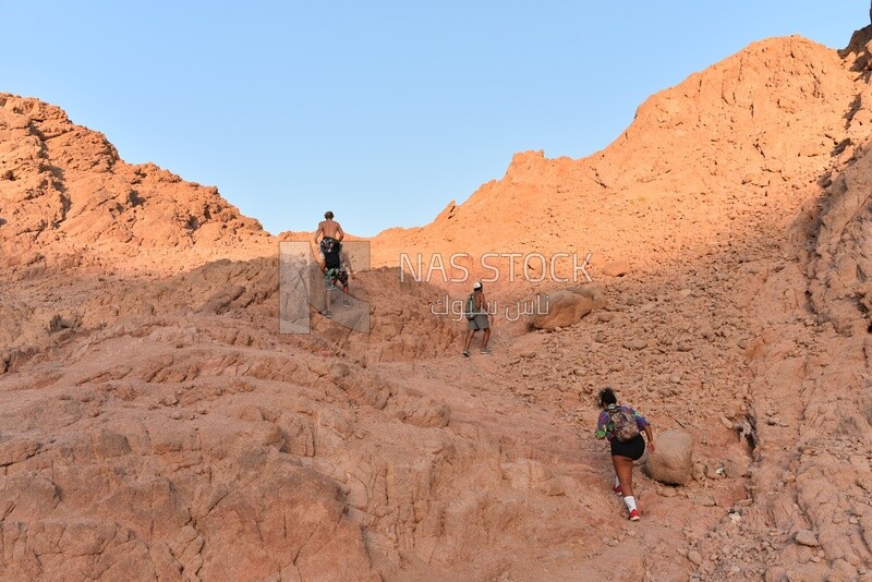 Adventurers climbing one of the mountains of the Sinai Peninsula, Egypt