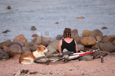 Girl resting on the seashore with her dog