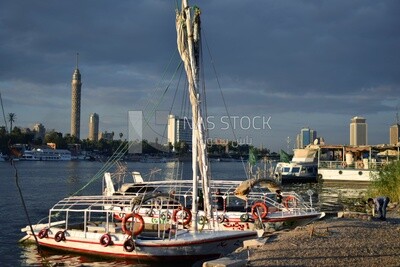 Picture showing a group of Nile feluccas moored in the Nile River in front of the Cairo Tower