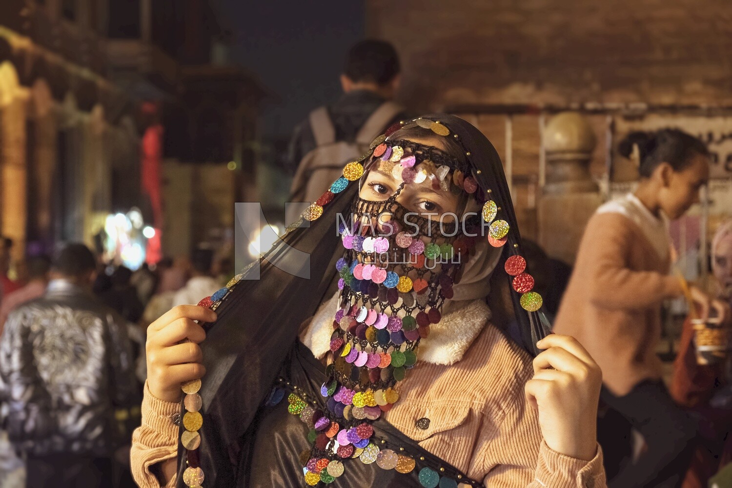 Girl wearing a badwi costume in Al Moez street, street,  decorations, Ramadan Kareem