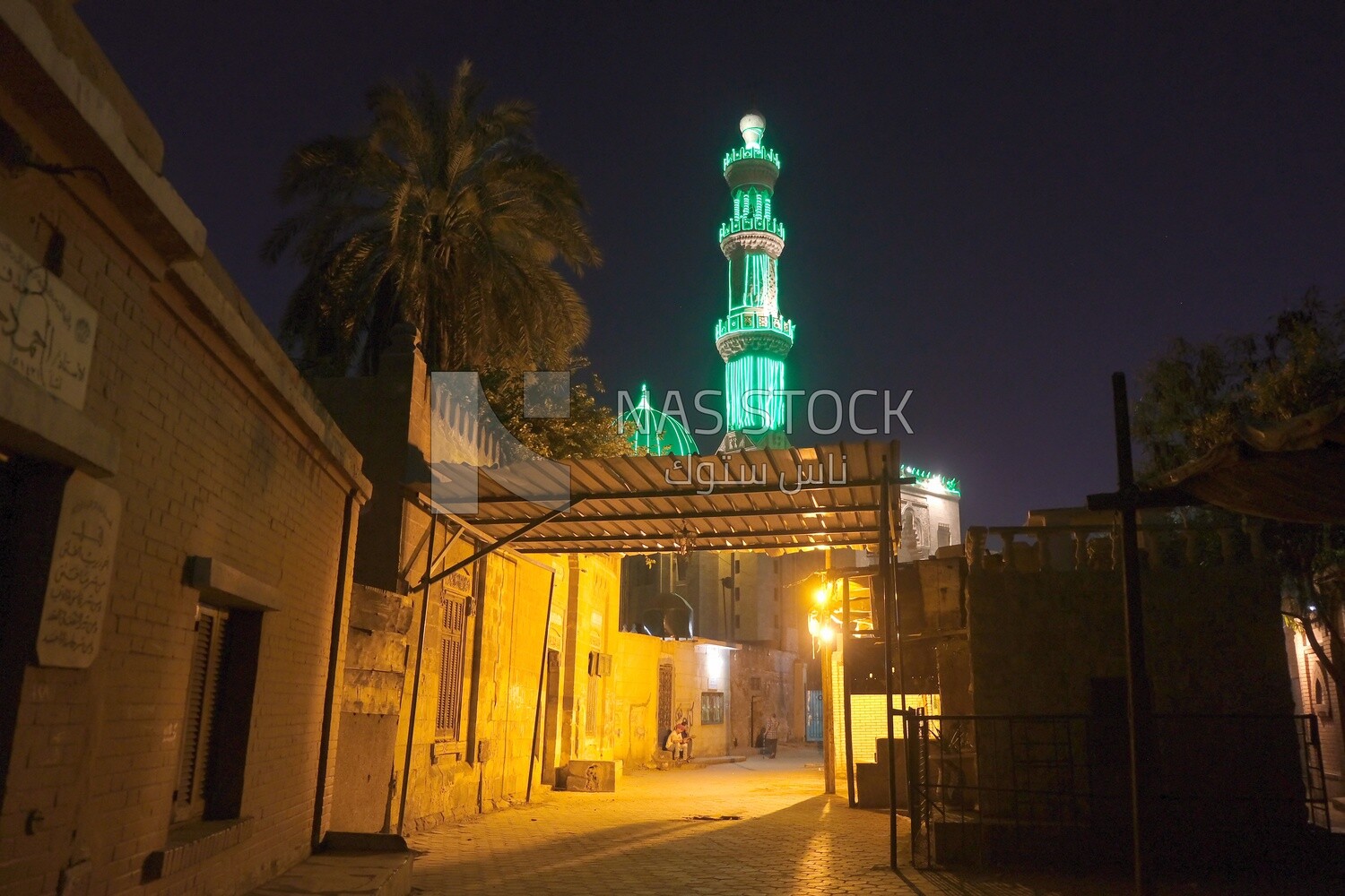 View of a mosque at night, street,  decorations, Ramadan Kareem
