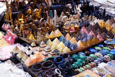 Different Egyptian souvenirs for sale in a street shop, street, work