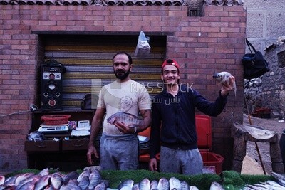 Two men standing selling fish in the street, street, work