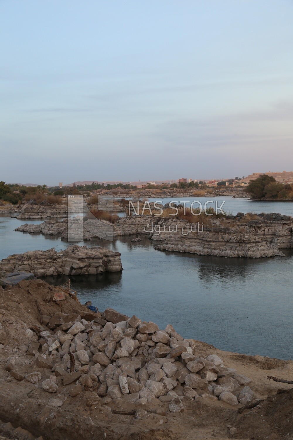 Natural view of the Nile River and the city of Aswan, Egypt