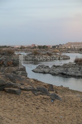 Natural view of the Nile River and the city of Aswan, Egypt