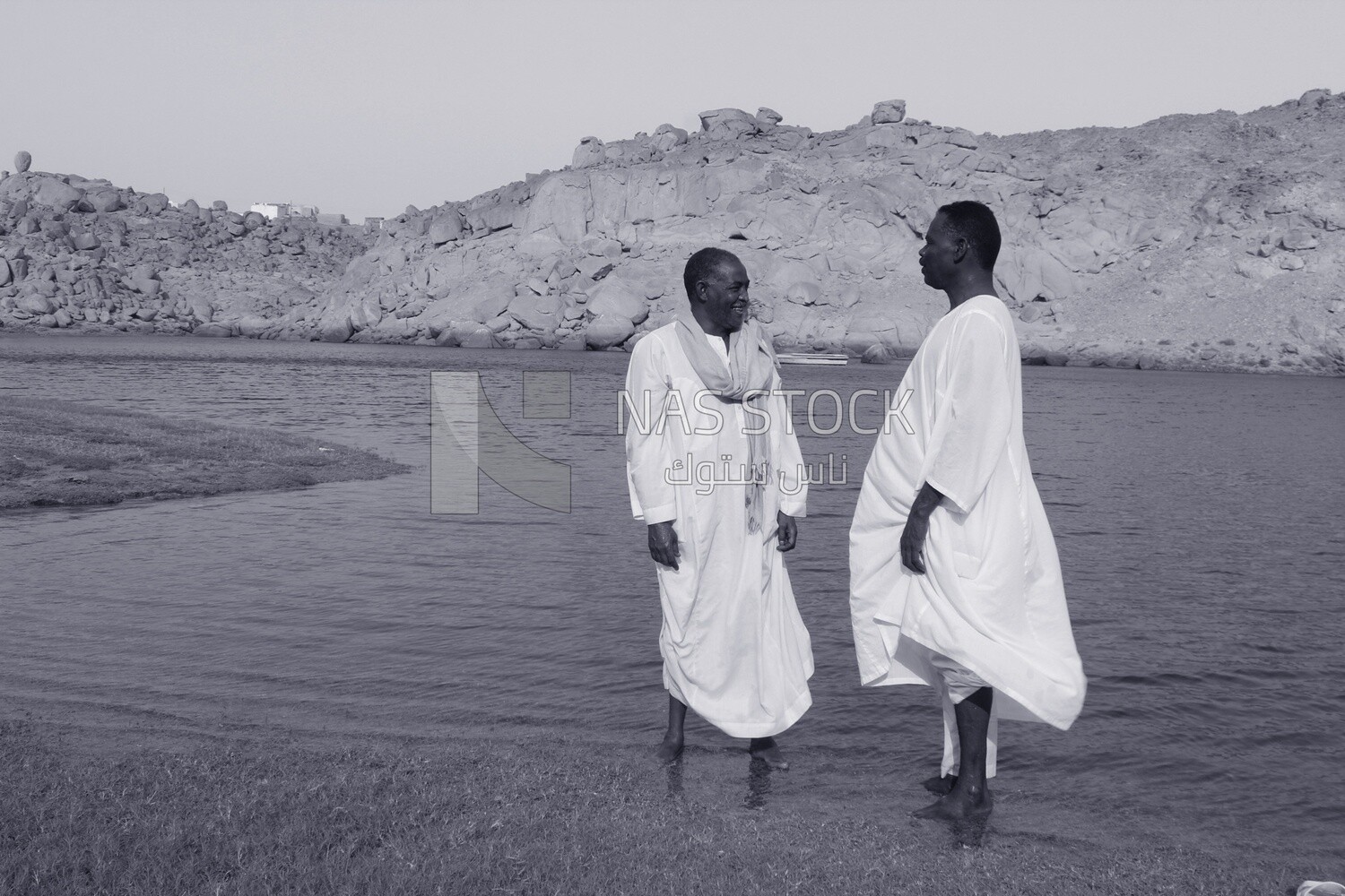 Black and white photo of two Nubian friends in Aswan, Egypt