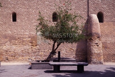 Waiting bench on the street next to a historic building in Cairo, Egypt