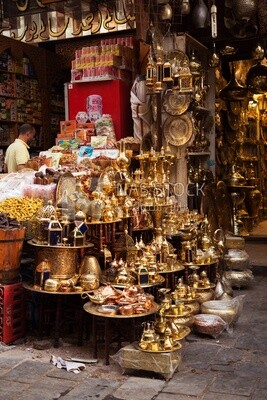 Copper crafts displayed in a bazaar on Khan El Khalili Street in Cairo