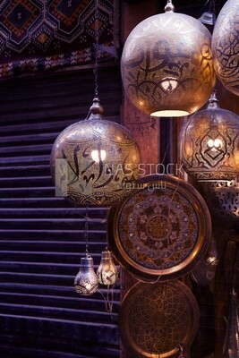 Group of handmade brass lamps displayed in a bazaar in Khan El Khalili Market in Cairo