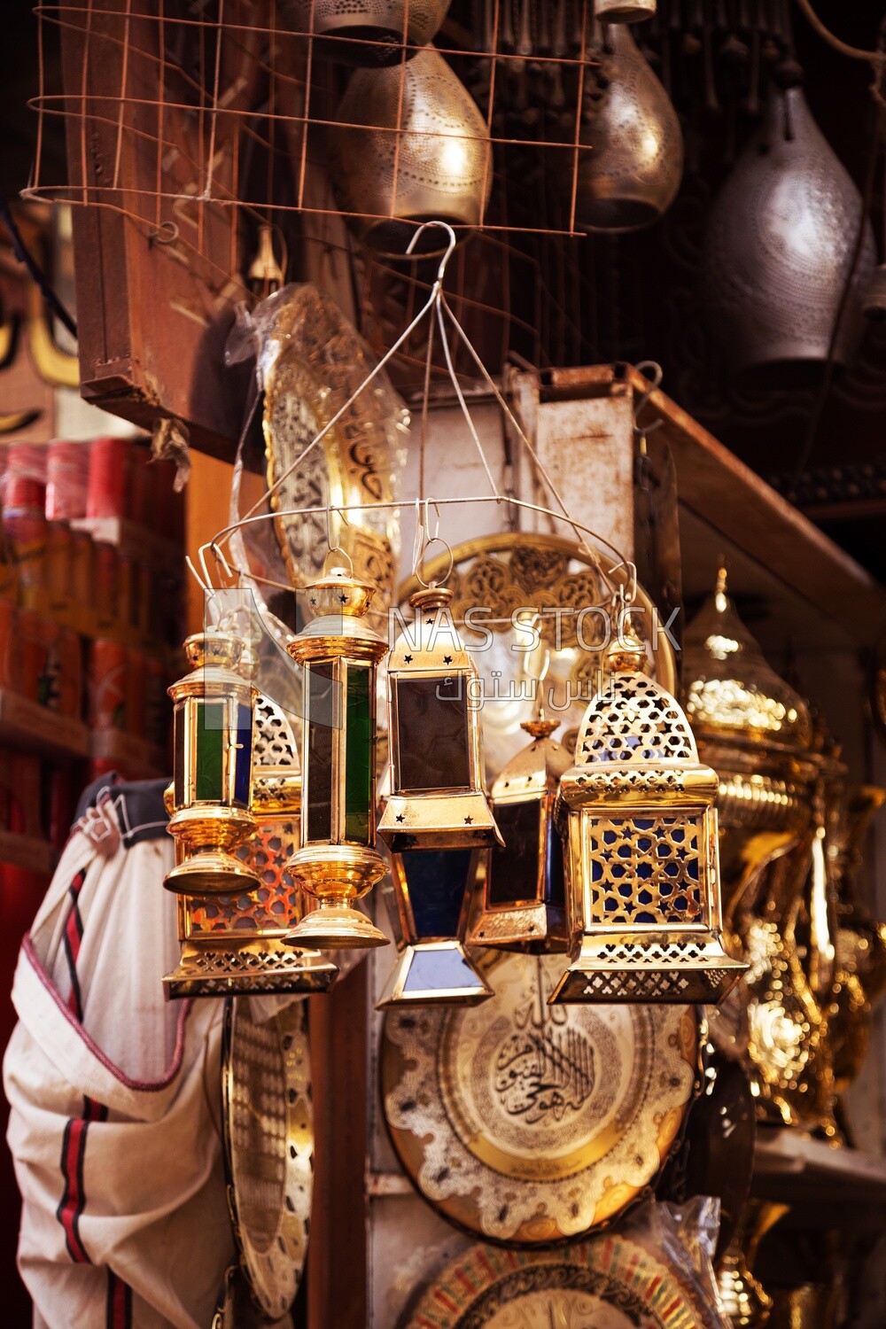 Lanterns and copper crafts displayed in a bazaar on Khan El-Khalili Street in Cairo