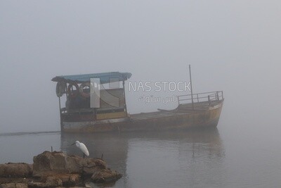 Boat sailing in the lake during the foggy weather, foggy weather