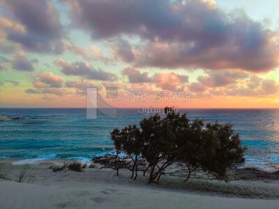 View of the white sand dunes and blue water in Marsa Matruh 